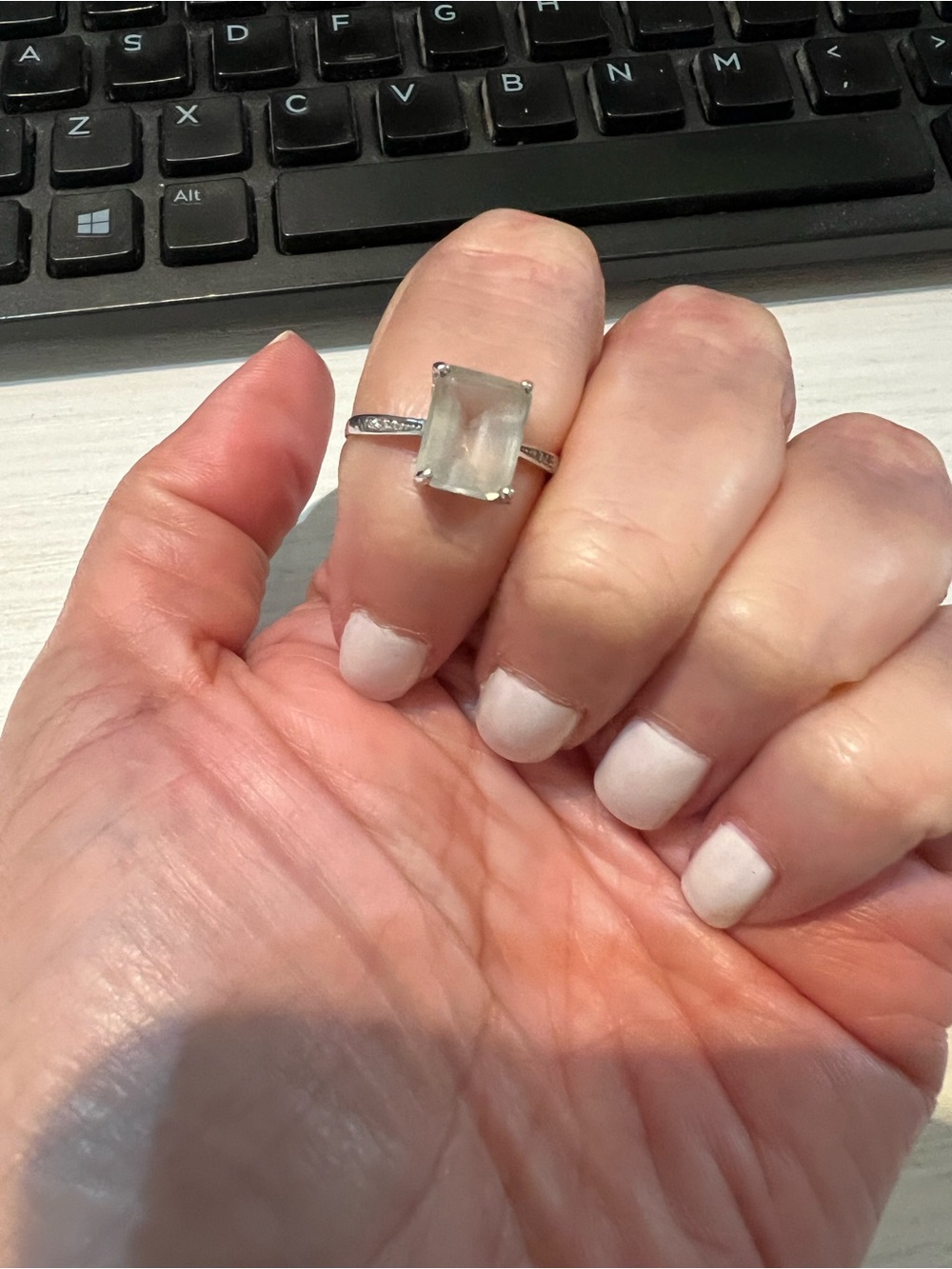 Vintage Sterling Silver Emerald Cut Topaz Gem Stone Ring - W side diamond chips